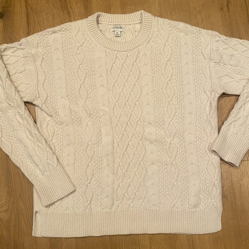 J. Crew Cable Knit White Sweater Fisherman Women’s M BG834 100% Cotton Chunky